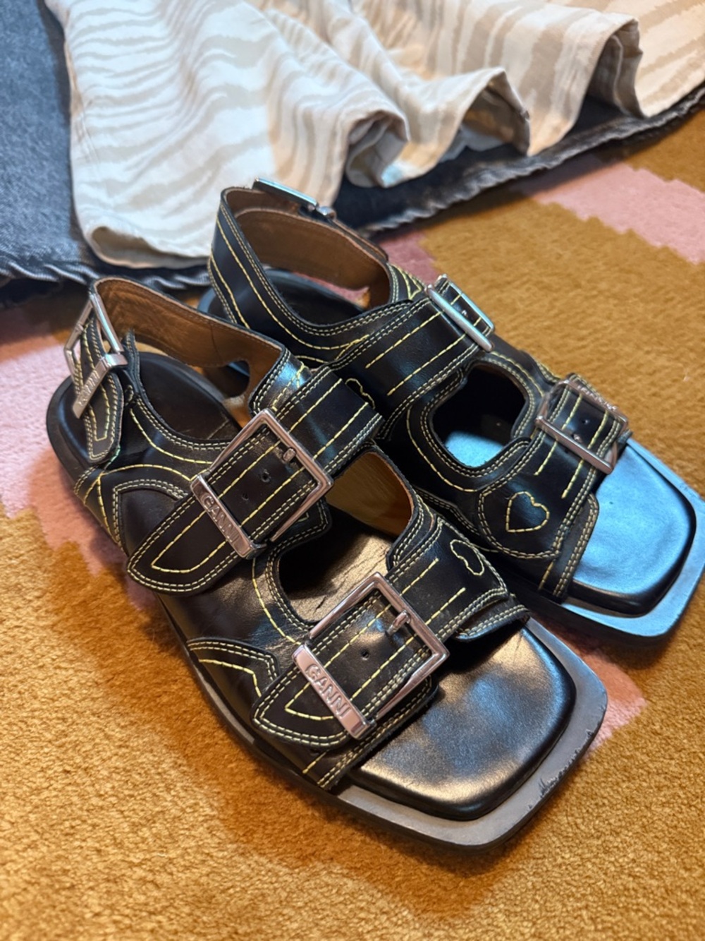 Ganni Black Leather Buckle Sandals with Yellow Stitching